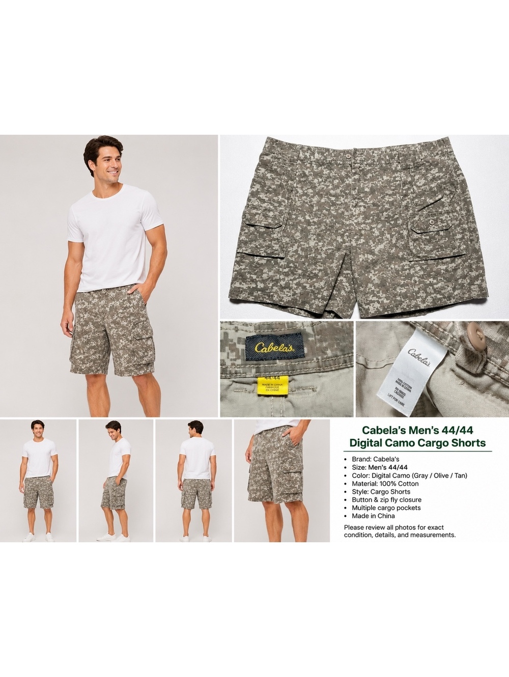 Cabela’s Men’s Size 44 Digital Camo Cargo Shorts 100% Cotton Hunting Outdoor